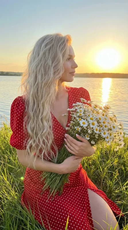 С ромашками в красном платье