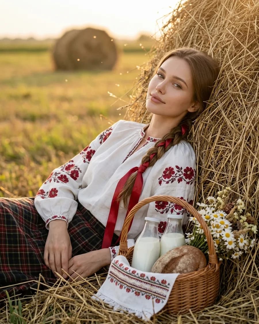 У стога сена в вышиванке