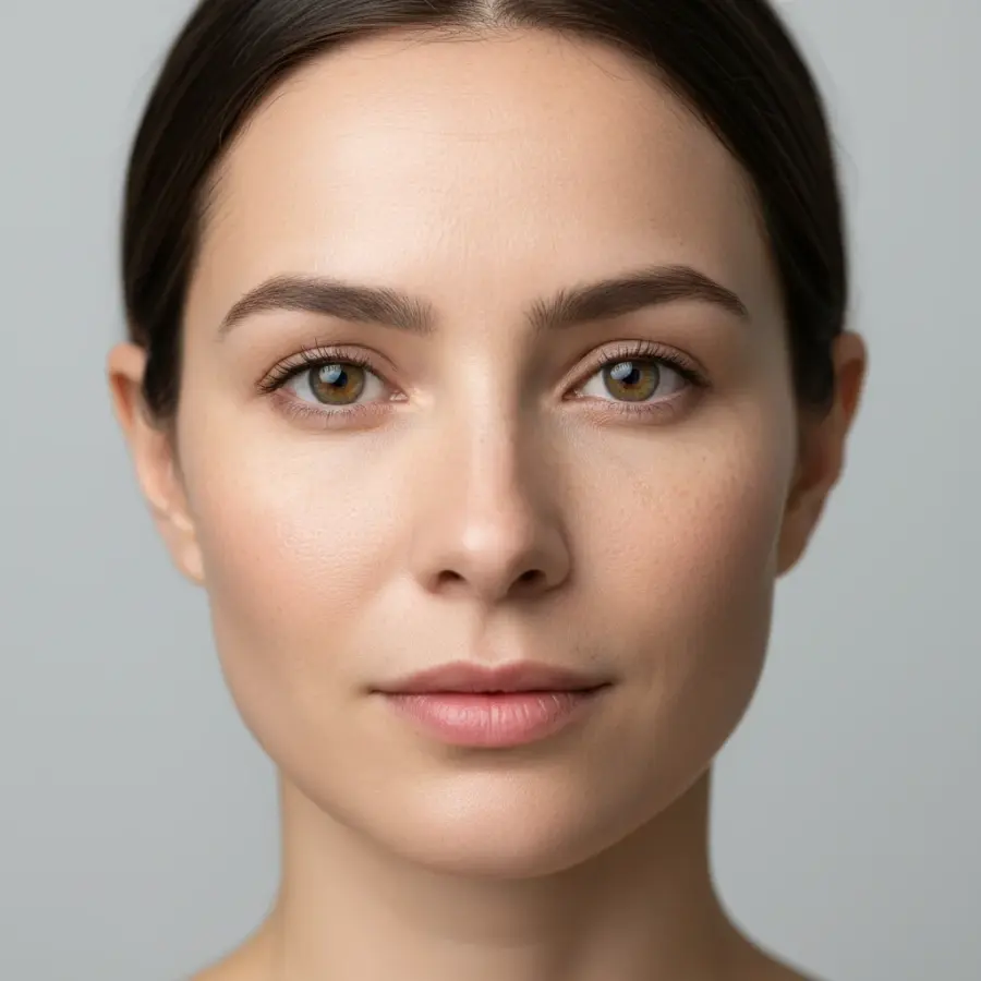 С негативом и положительной формулировкой natural skin texture, visible pores — лицо считывается как реальное