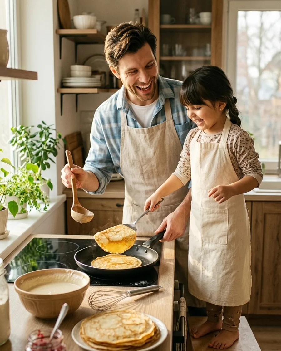 Пекут блины у плиты