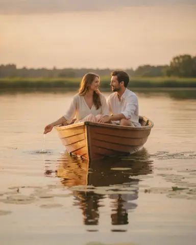 В лодке на закатном озере
