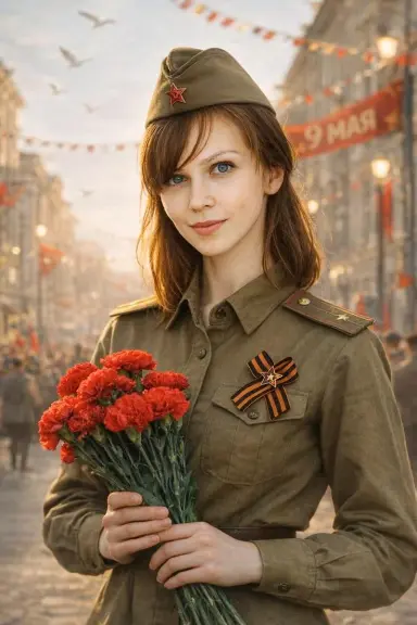 Девушка-ветеран с гвоздиками