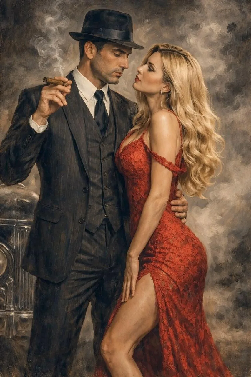 Картина маслом в стиле нуар-плакатов 30-х: гангстер с сигарой и блондинка в алом кружевном платье у винтажного авто.