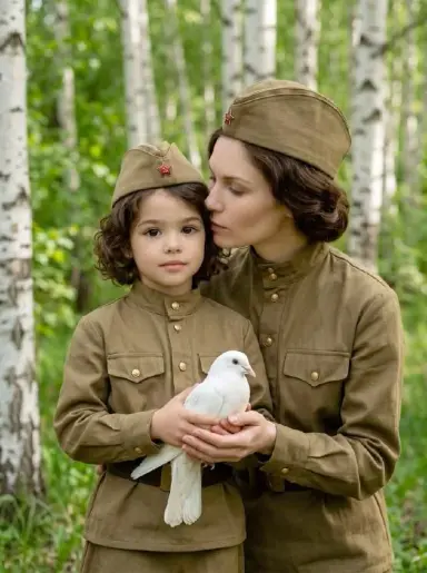 Мама и дочь с белым голубем