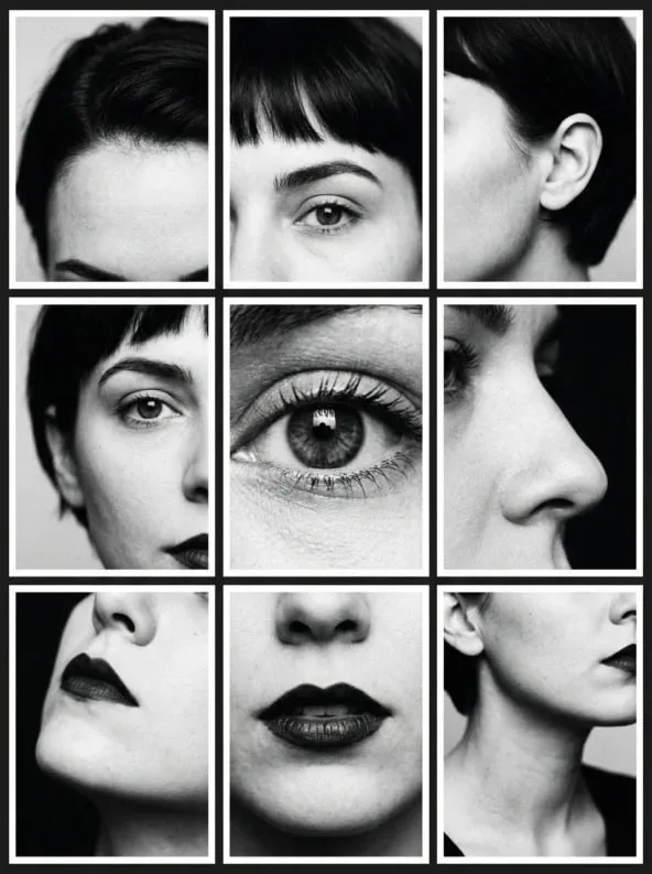 Концептуальный ч/б редакторский портрет, разбитый на сетку 3×3: каждый кадр — фрагмент лица крупным планом (глаз, губы, профиль, ухо).