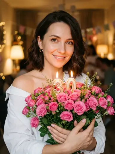 С букетом и свечами на день рождения — пример 2