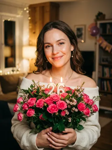 С букетом и свечами на день рождения