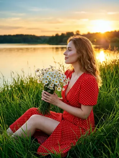С ромашками в красном платье — пример 1