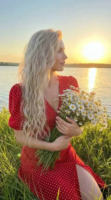 С ромашками в красном платье