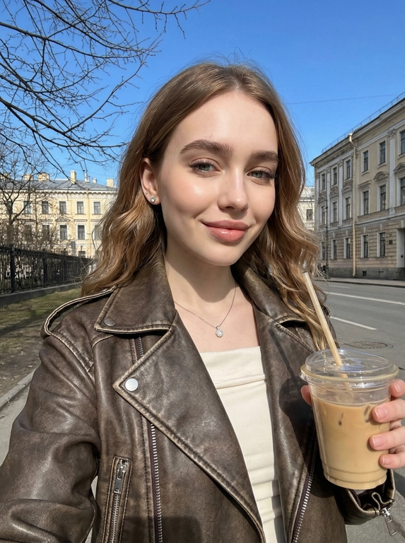 Лёгкое уличное селфи на смартфон: естественная улыбка, стаканчик латте со льдом и расслабленный городской вайб.