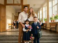 Промт для сцены «Семья провожает в школу»