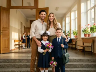 Семья провожает в школу