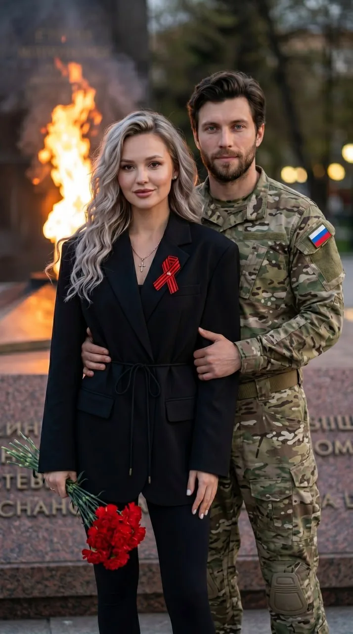 Памятный кадр пары у мемориала: военная камуфляжная форма с шевроном-флагом, чёрный жакет с георгиевской лентой и красные гвоздики в руках.