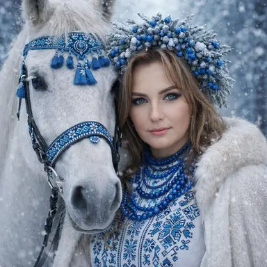 Зимний портрет с белой лошадью